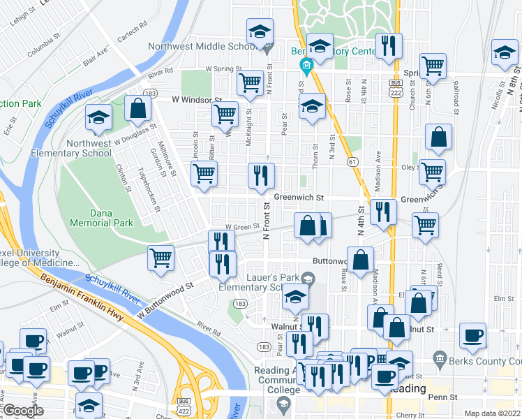 map of restaurants, bars, coffee shops, grocery stores, and more near 528 N Front St in Reading
