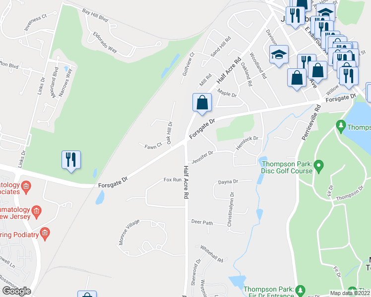 map of restaurants, bars, coffee shops, grocery stores, and more near 19 North Half Acre Road in Monroe Township
