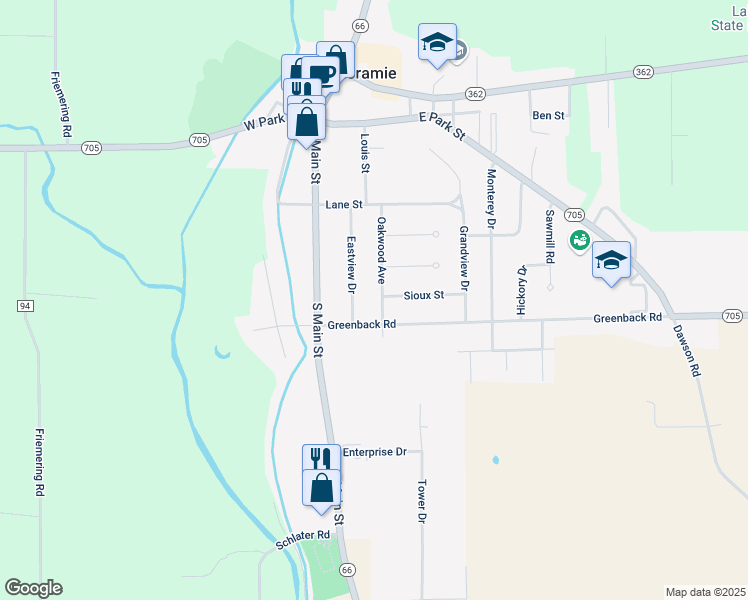map of restaurants, bars, coffee shops, grocery stores, and more near 79 Eastview Drive in Fort Loramie