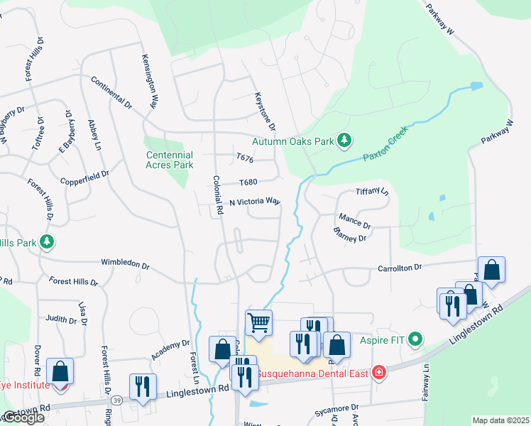 map of restaurants, bars, coffee shops, grocery stores, and more near 4318 Ashdon Drive in Harrisburg