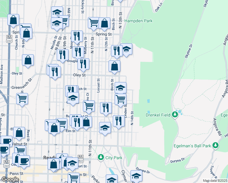 map of restaurants, bars, coffee shops, grocery stores, and more near 1238 East Greenwich Street in Reading