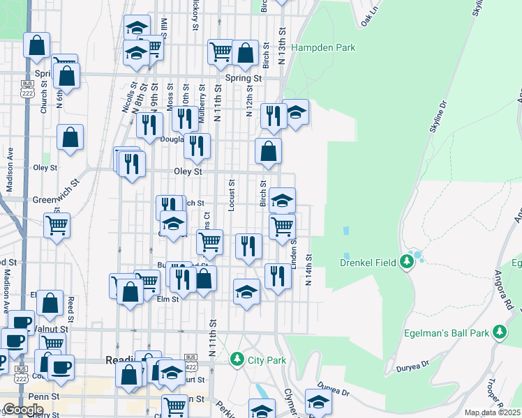 map of restaurants, bars, coffee shops, grocery stores, and more near 1218 East Greenwich Street in Reading