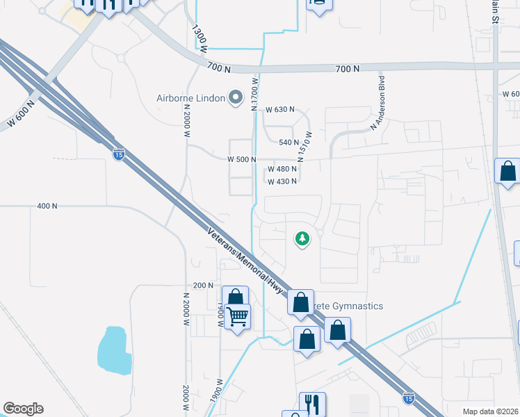 map of restaurants, bars, coffee shops, grocery stores, and more near 347 North Maple Shade Lane in Lindon