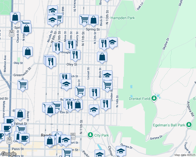 map of restaurants, bars, coffee shops, grocery stores, and more near 1220 East Greenwich Street in Reading