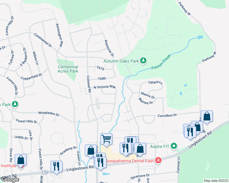 map of restaurants, bars, coffee shops, grocery stores, and more near 4326 Ashdon Drive in Harrisburg