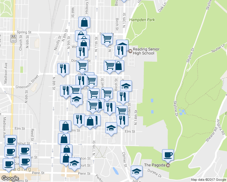 map of restaurants, bars, coffee shops, grocery stores, and more near 1220 East Greenwich Street in Reading
