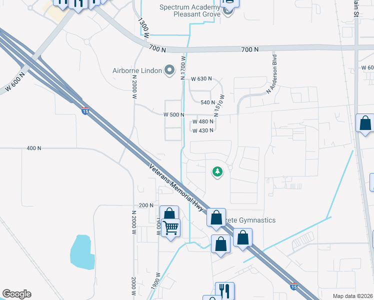 map of restaurants, bars, coffee shops, grocery stores, and more near 347 North Maple Shade Lane in Lindon