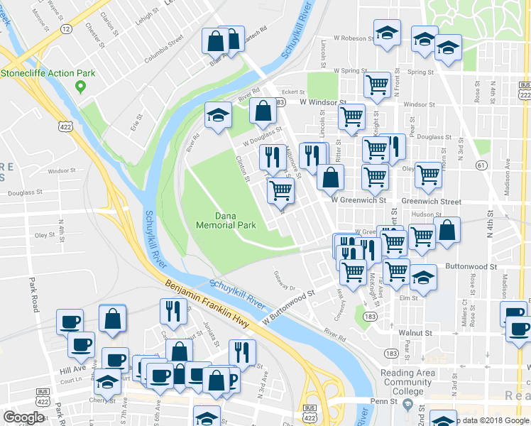 map of restaurants, bars, coffee shops, grocery stores, and more near 625 Clinton Street in Reading