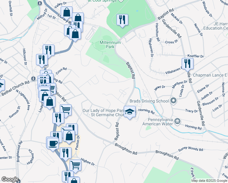 map of restaurants, bars, coffee shops, grocery stores, and more near 6812 Kevin Dr in Bethel Park