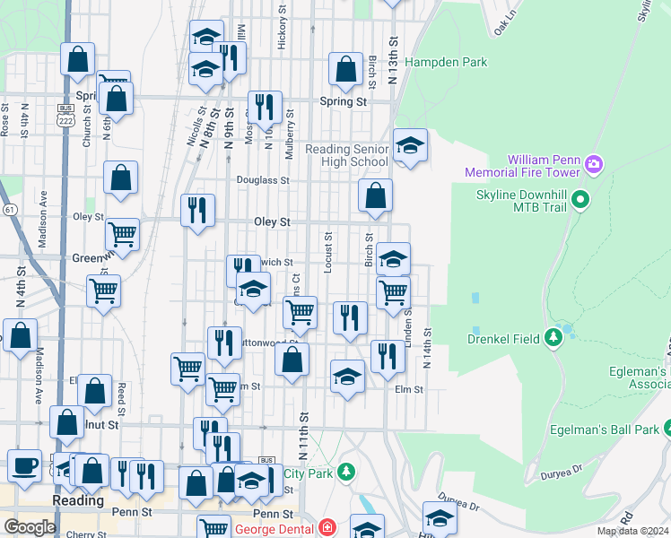 map of restaurants, bars, coffee shops, grocery stores, and more near 548 Locust Street in Reading