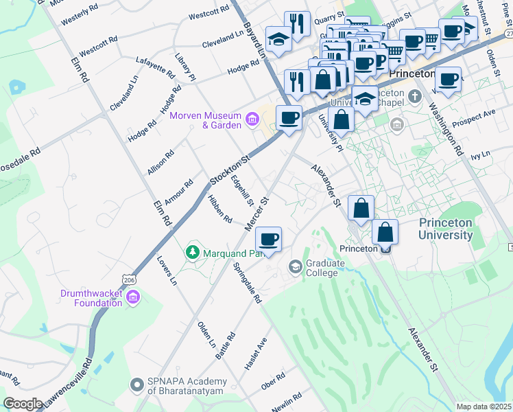 map of restaurants, bars, coffee shops, grocery stores, and more near 95 Mercer Street in Princeton