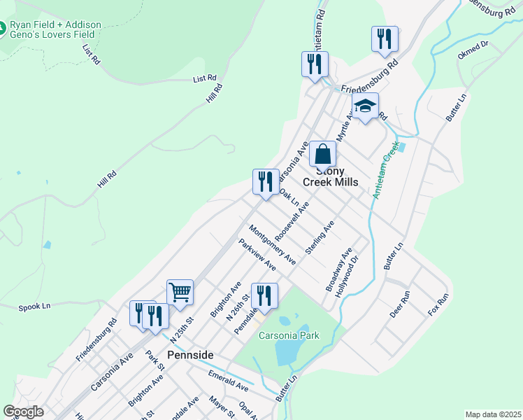 map of restaurants, bars, coffee shops, grocery stores, and more near 1050 Carsonia Avenue in Reading