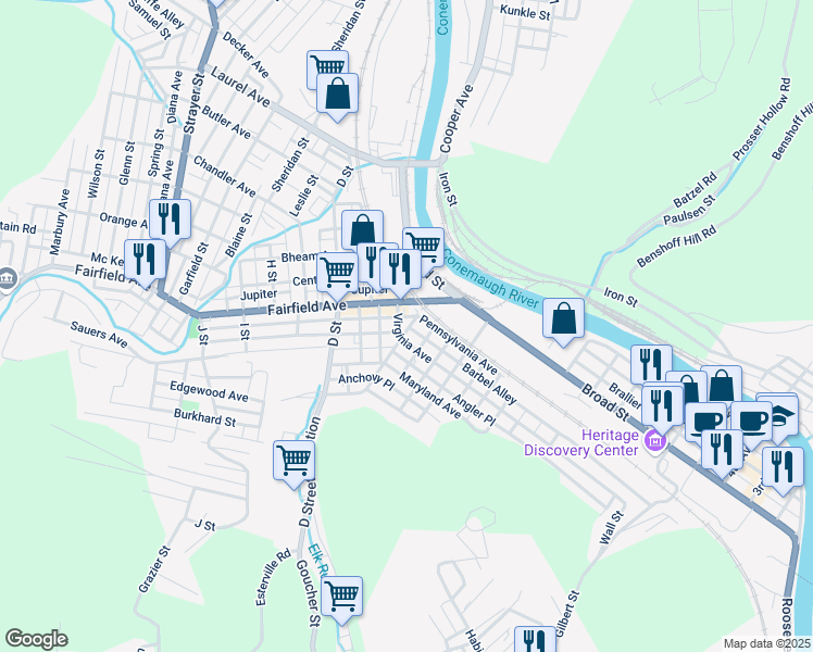 map of restaurants, bars, coffee shops, grocery stores, and more near 56 Stackhouse Street in Johnstown