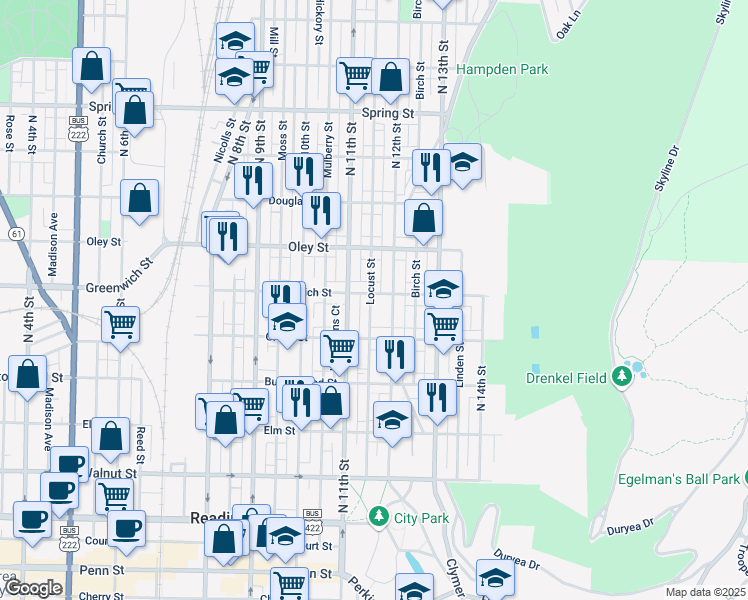 map of restaurants, bars, coffee shops, grocery stores, and more near 548 Locust Street in Reading