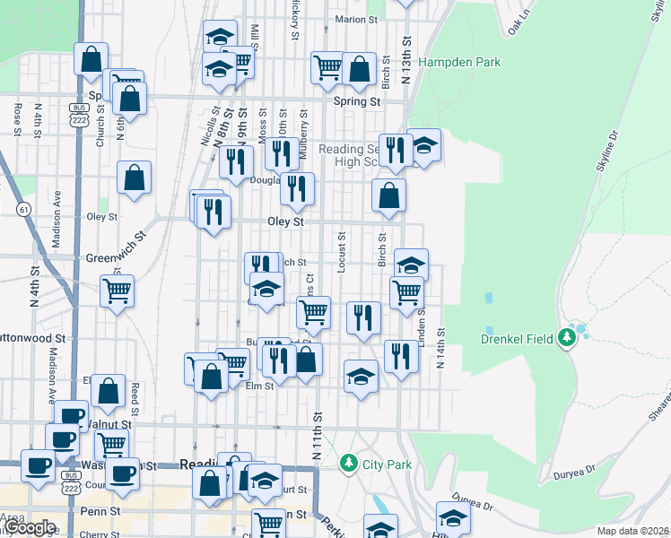 map of restaurants, bars, coffee shops, grocery stores, and more near 548 Locust Street in Reading