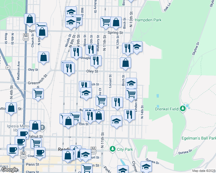 map of restaurants, bars, coffee shops, grocery stores, and more near 548 Locust Street in Reading