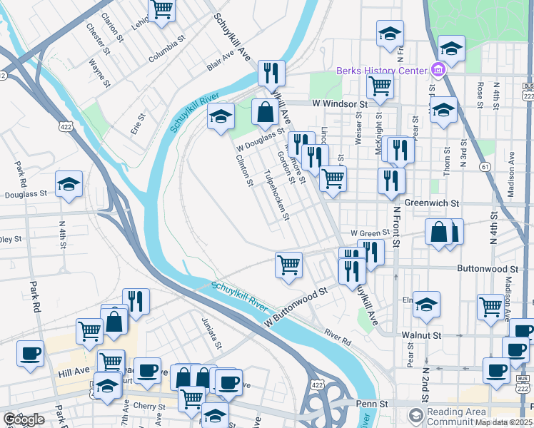 map of restaurants, bars, coffee shops, grocery stores, and more near 625 Clinton Street in Reading