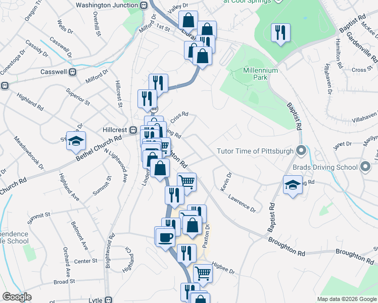 map of restaurants, bars, coffee shops, grocery stores, and more near 211 Orchard Park Drive in Bethel Park
