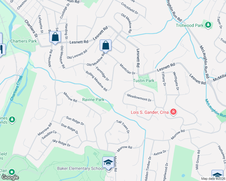 map of restaurants, bars, coffee shops, grocery stores, and more near 1274 Rolling Meadow Road in Pittsburgh