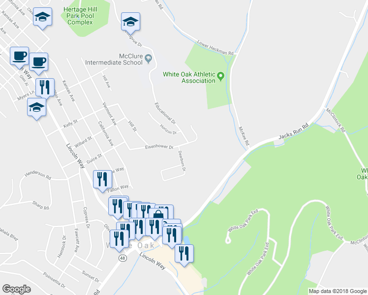map of restaurants, bars, coffee shops, grocery stores, and more near 3326 Eisenhower Drive in White Oak
