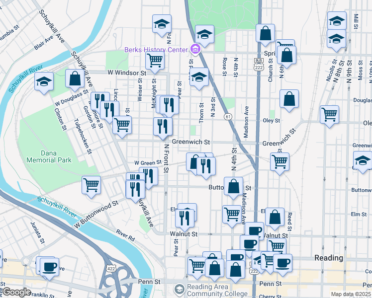 map of restaurants, bars, coffee shops, grocery stores, and more near 161 Hudson St in Reading