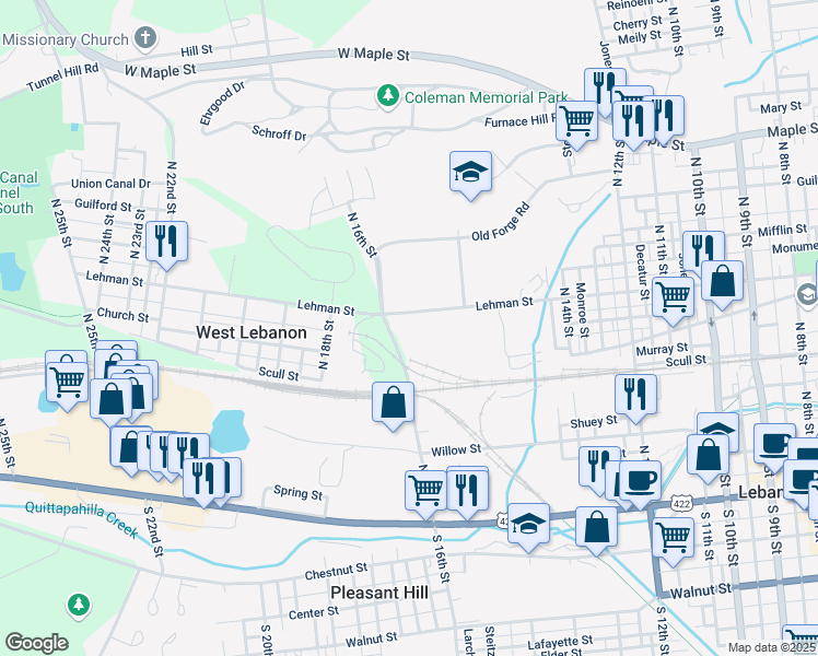 map of restaurants, bars, coffee shops, grocery stores, and more near 1500 Lehman St in Lebanon