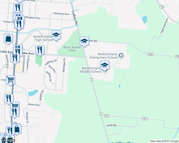 map of restaurants, bars, coffee shops, grocery stores, and more near 1201 Ludlow Road in Bellefontaine