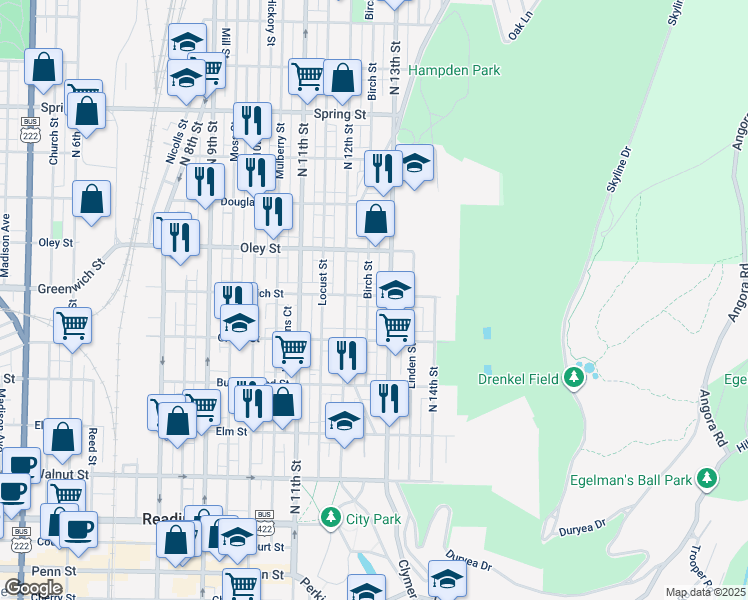 map of restaurants, bars, coffee shops, grocery stores, and more near 1238 East Greenwich Street in Reading