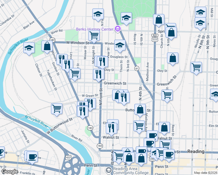 map of restaurants, bars, coffee shops, grocery stores, and more near 135 Hudson Street in Reading