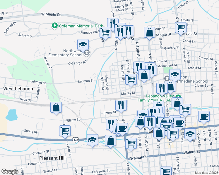 map of restaurants, bars, coffee shops, grocery stores, and more near 1226 Brandywine Street in Lebanon