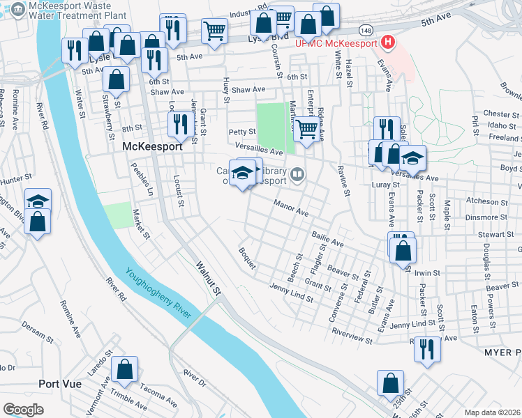map of restaurants, bars, coffee shops, grocery stores, and more near 1614 Coursin Street in McKeesport