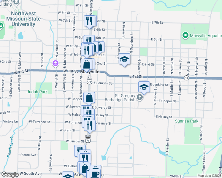 map of restaurants, bars, coffee shops, grocery stores, and more near 201-299 S Vine St in Maryville