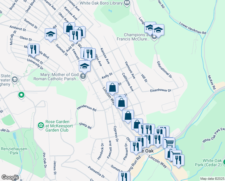 map of restaurants, bars, coffee shops, grocery stores, and more near 2814 Willard Street in White Oak