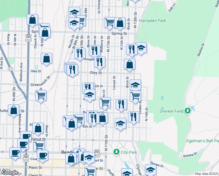 map of restaurants, bars, coffee shops, grocery stores, and more near 548 Locust Street in Reading