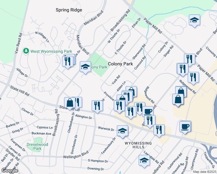 map of restaurants, bars, coffee shops, grocery stores, and more near 1749 York Road in Reading
