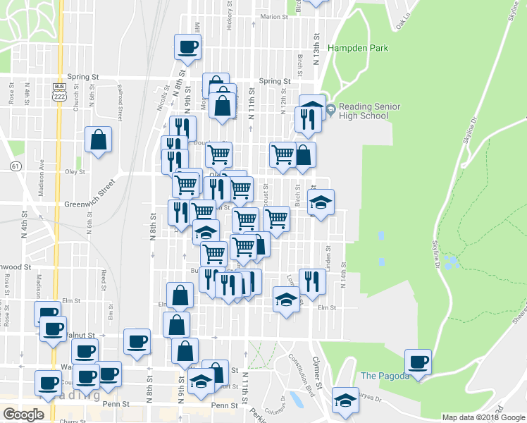 map of restaurants, bars, coffee shops, grocery stores, and more near 1126 East Greenwich Street in Reading