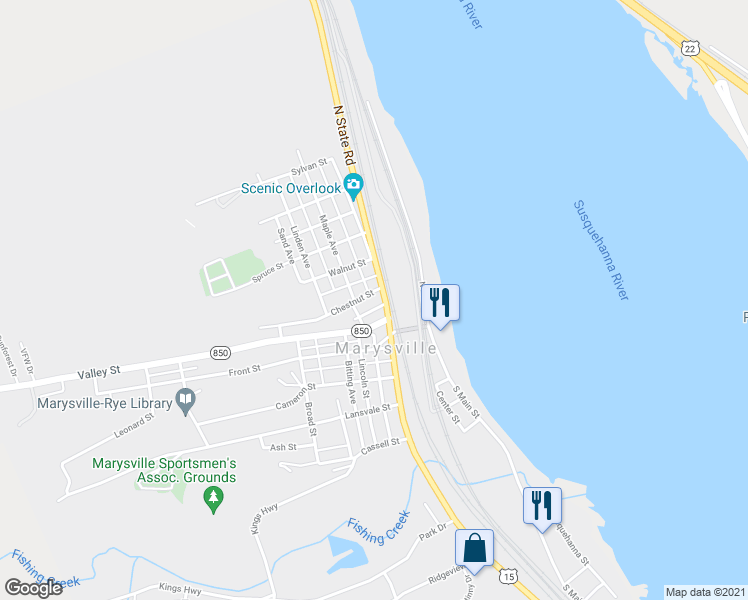 map of restaurants, bars, coffee shops, grocery stores, and more near 104 North State Road in Marysville