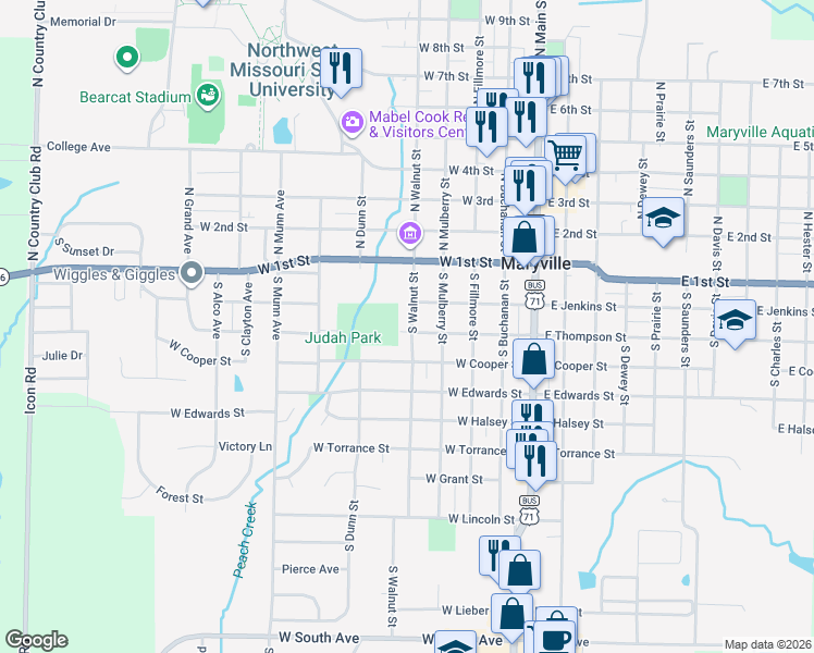 map of restaurants, bars, coffee shops, grocery stores, and more near 222 South Walnut Street in Maryville