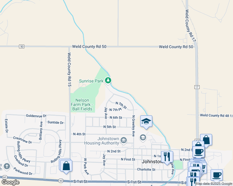 map of restaurants, bars, coffee shops, grocery stores, and more near 957 North Greeley Avenue in Johnstown