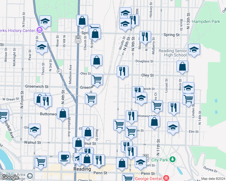 map of restaurants, bars, coffee shops, grocery stores, and more near 542 Poplar Lane in Reading