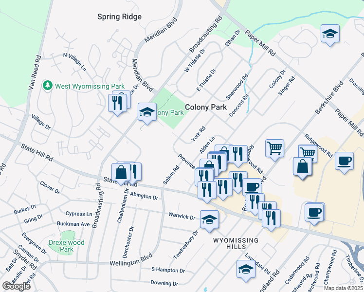 map of restaurants, bars, coffee shops, grocery stores, and more near 1749 York Road in Reading