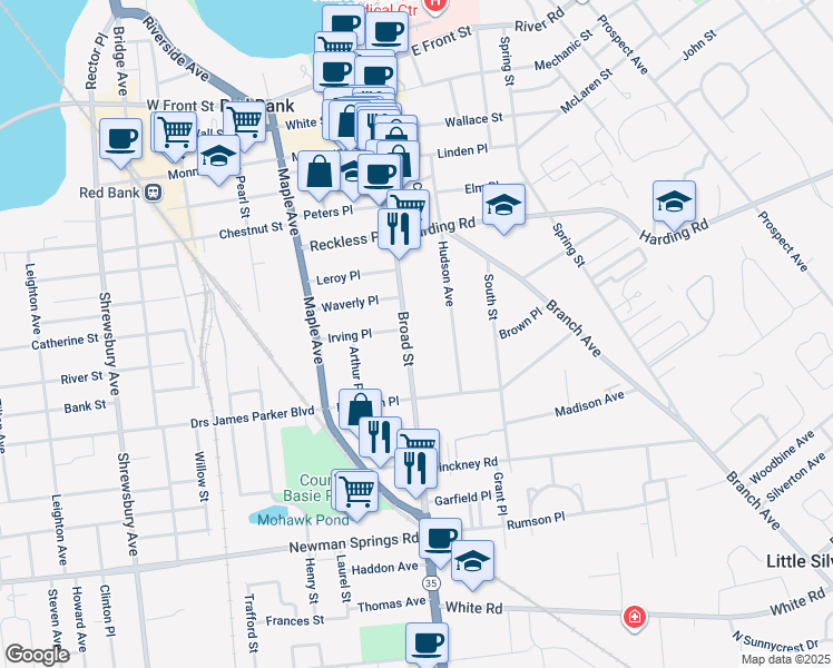 map of restaurants, bars, coffee shops, grocery stores, and more near 235 Broad Street in Red Bank