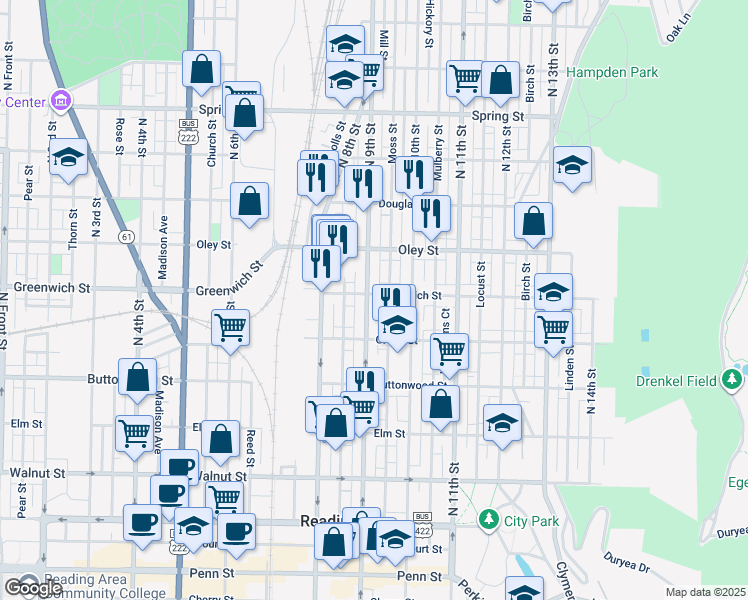 map of restaurants, bars, coffee shops, grocery stores, and more near 551 North 9th Street in Reading