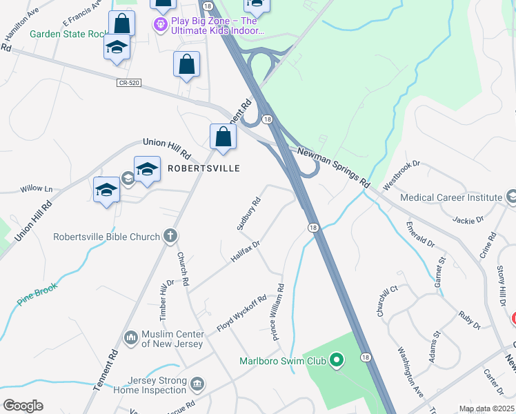 map of restaurants, bars, coffee shops, grocery stores, and more near 30 Sudbury Road in Marlboro Township