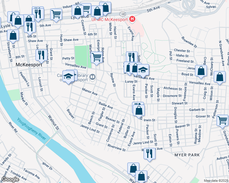 map of restaurants, bars, coffee shops, grocery stores, and more near 1256 Ravine Street in McKeesport