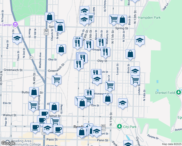 map of restaurants, bars, coffee shops, grocery stores, and more near 551 North 9th Street in Reading