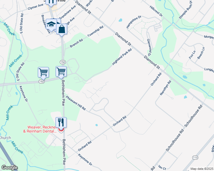 map of restaurants, bars, coffee shops, grocery stores, and more near 121 Acorn Lane in Sellersville