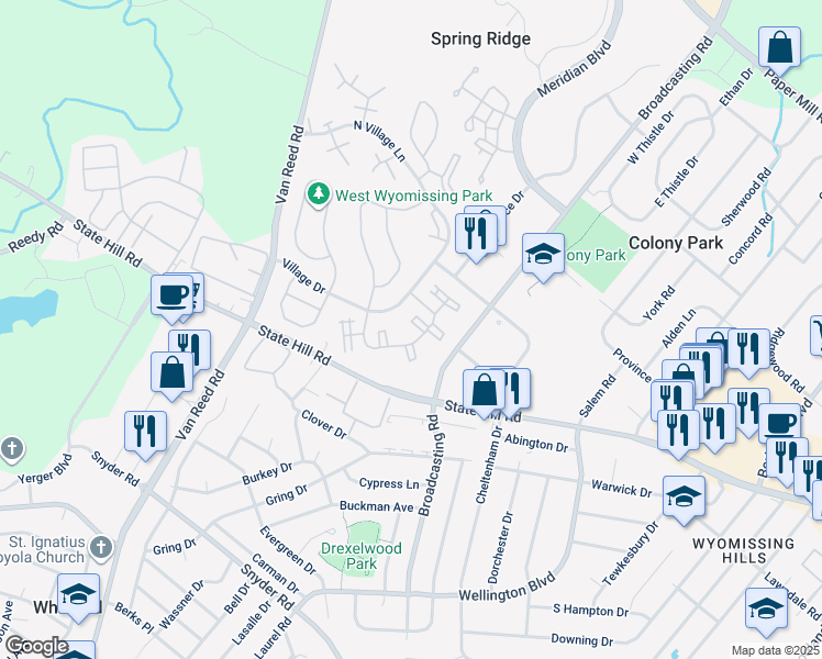 map of restaurants, bars, coffee shops, grocery stores, and more near 138 Hawthorne Court in Wyomissing