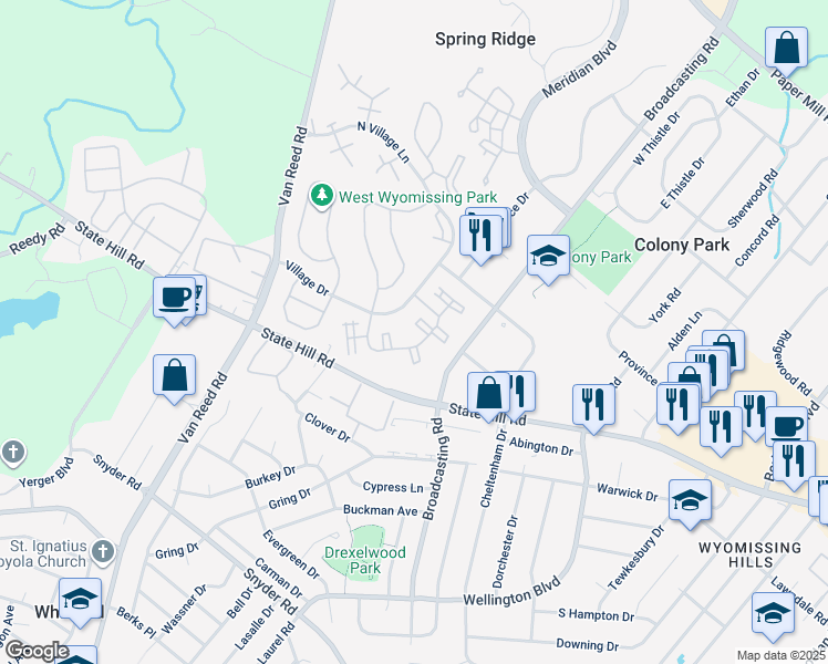 map of restaurants, bars, coffee shops, grocery stores, and more near 138 Hawthorne Court in Wyomissing
