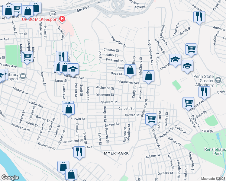 map of restaurants, bars, coffee shops, grocery stores, and more near 1304 Freemont Street in McKeesport